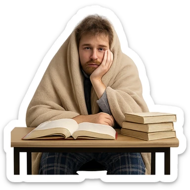 student in pajamas, wrapped in blanket, sitting at desk with textbooks, looking exhausted and hungover sticker