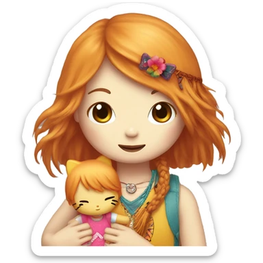 hello kitty giving a ginger hippie girl with a fringe a hug  sticker