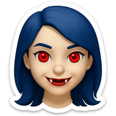 Make the character cute, not laughing, but add something to make her look scary such as fangs, glowing eyes, or a subtle sinister smile. She has blue hair, is a white girl, and has red eyes. Render in emoji style. sticker