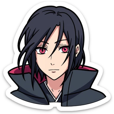 Itachi Uchiha with long black hair, Sharingan eyes, facial lines under his eyes, wearing Akatsuki cloak sticker