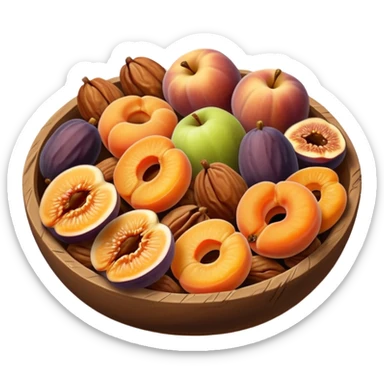 group of dried fruits including apricots, figs, dates, raisins, apple rings, arranged together, realistic texture, warm colors, slight wrinkles, soft shadows, 3D clean style, no bowl, transparent background sticker