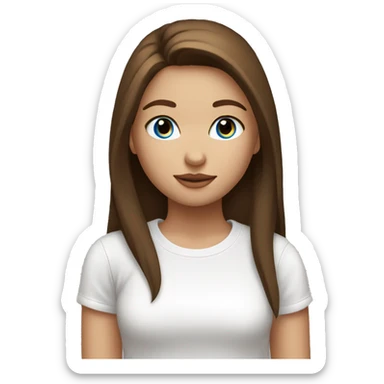 A girl with long straight brown hair and blue eyes and plump lips in a white T-shirt sticker