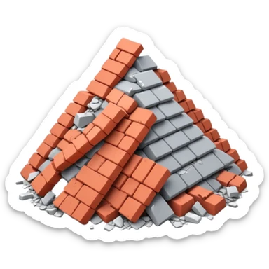 3D iPhone style emoji of a pile of bricks, roof pieces, and wall rubble, scattered and broken, isolated on white background, soft shadows, high detail, playful and cute sticker