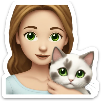 white woman with medium-length brown hair, green eyes and freckles on her nose, holding her birman kitten in her arms with much love, the baby cat has a lot of spots of dark on ears and middle of the face and blue eyes. sticker