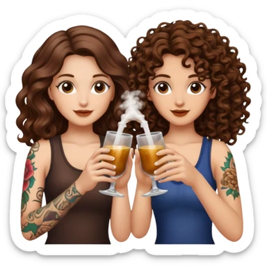 vial cheers — long wavy brown hair tattooed woman and short tight curly brown hair woman — clink potions sticker