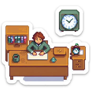 character at a desk looking at a clock, dreaming of the weekend sticker