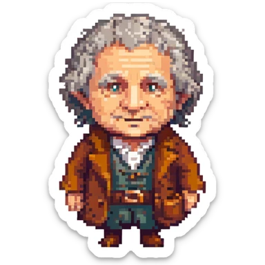 Whole body image of bilbo baggins from the lord of the rings the fellowship of the ring movie in pixel art style. Bilbo is old. Make Bilbo look like the actor that portrayed him in the movie, Ian Holm. sticker