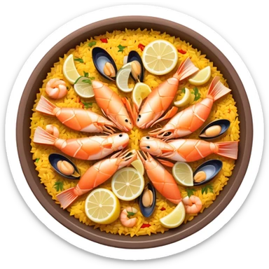cinematic-realistic-paella-dish-emoji,-depicted-as-a-vibrant,-aromatic-rice-dish-loaded-with-seafood,-chicken,-and-saffron-rendered-with-rich-textures-and-dynamic,-warm-lighting with a lemon slice in the middle sticker