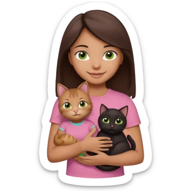 As una chica con piel marron claro con el pelo  medio largo color marron oscuro que tenga la chica una camiseta rosada mangas cortas con un jean claro que tenga ojos marrones la chica que la chica este sonriendo mientras sostiene entre sus brazos un gato negro gordito. sticker