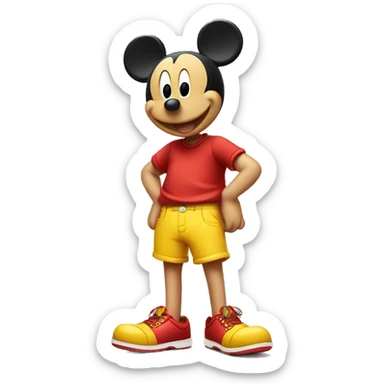 Mickey Mouse wearing red shorts and big yellow shoes, smiling happily. sticker