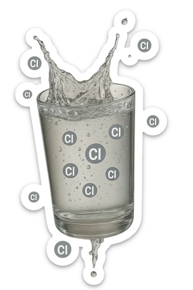 un bicchiere di acqua cade verticalmente dall'alto realistico e dettagliato, dentro l'acqua del bicchiere ci sono particelle di cloro ben visibili con la scritta "Cl" sopra, ci sono particelle anche che escono dal bicchiere e fluttuano in aria verticalmente, mentre alcune sono all'interno dell'acqua nel bicchiere, iperrealistico 4k sticker