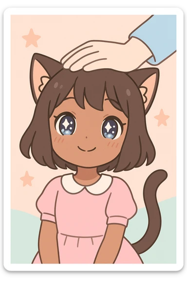 anime style cat girl, brown skin, happy and relaxed while being patted on the head, cute and gentle atmosphere sticker