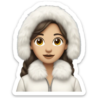 brunette girl with long hair with a light  skin color and light grey eyes wearing fluffy white ear muffs and a white fur coat  sticker