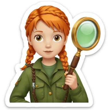 braid orange haired girl kid in moss green explorer outfit, holding magnifying glass sticker