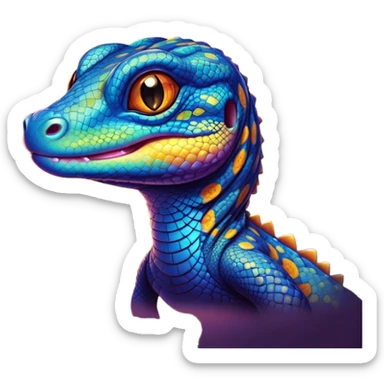 Cinematic Cute Monitor Lizard Portrait Emoji, Head tilted playfully and inquisitively, with a sleek, patterned body accented by vibrant hues and round, sparkling eyes full of wonder, Simplified yet irresistibly adorable features, highly detailed, glowing with a warm, friendly glow, high shine, affectionate and lively, stylized with a touch of exotic charm, bright and endearing, soft glowing outline, capturing the essence of a mischievous yet captivating lizard that seems as if it could scuttle out of the screen into your arms! sticker