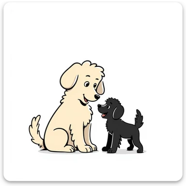 large light cream colored goldendoodle and a small black golden retriever, hand-drawn doodle style, sketchy, charming sticker