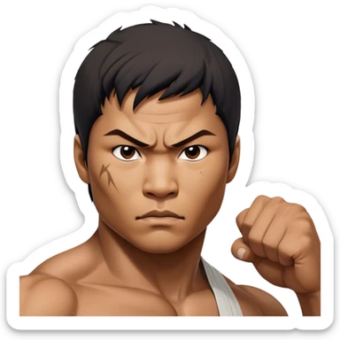 ​Cinematic Realistic Portrait of Tony Jaa, a close-up depiction capturing his intense, determined expression and finely detailed features, rendered with dramatic natural lighting that emphasizes his rugged athleticism and unmistakable martial arts presence, sticker
