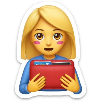 Emoji de chica muy desesperada, llorando, con ojos grandes y lágrimas, sosteniendo una billetera vacía al revés, estilo emoji minimalista, dramatismo exagerado, fondo transparente. sticker