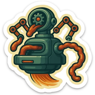 sausage-processing droid. retro-futuristic style. in front is a large industrial grinder rotating gears and blades. Two robotic arms feed material into grinder. Sausage links extrude from the rear like  factory. The body is metallic, compact, and floats above the ground.no legs. Dark humor sticker