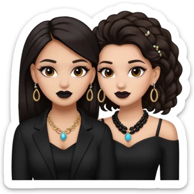 Boujy baddie best friends, trendy heavy makeup both dark hair one light skinned and one mocha brown pretty hair style both wearing black and earrings and necklace  sticker