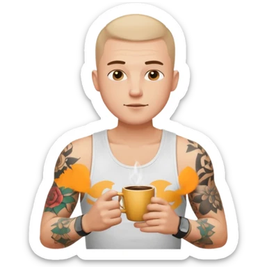 a white short guy wearing a white tank top with a buzz cut drinking a cup of coffee, hes got tattoos on his arms sticker