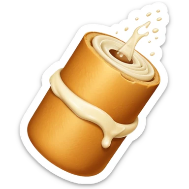 A roll with a hole in it getting cream squirted inside the hole from a big tube. sticker