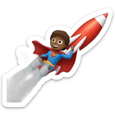 person dressed with a superhero cape but without mask is riding on a rocket sticker