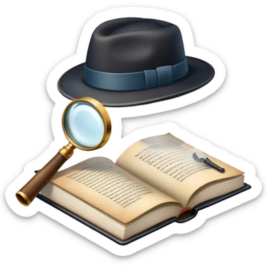 Icon for Detective Reading: an open book with text and a magnifying glass, a detective’s hat and a notebook with clues, surrounded by dark shadows and mysterious elements like footprints and a smoking pipe. Transparent background. sticker