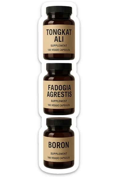 4 boccette di integratore: Tongkat Ali, Fadogia Agrestis, Boron e Zinco fluttuano in aria verticalmente sticker