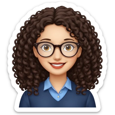 lady with glasses, long dark brown curly hair, smiling sticker