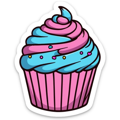 cupcake with swirled pink icing and rainbow sprinkles sticker