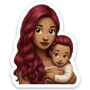 Beautiful tattooed burgundy long haired woman holding a baby sticker