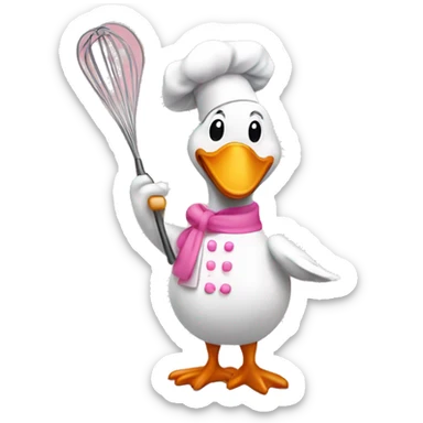 A happy goose dressed like a pink chef with one whisk in his hand sticker