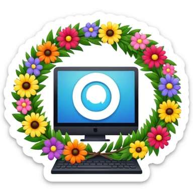 funeral wreath next to a computer sticker