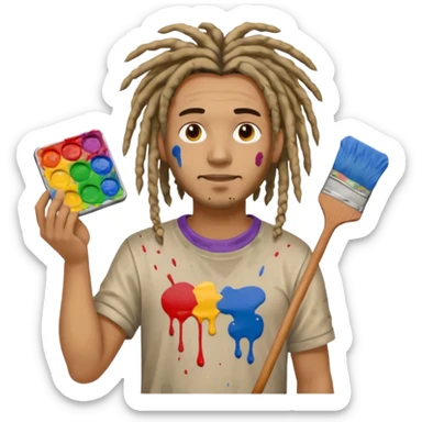 man artist with dreadlock, holding painter sticker