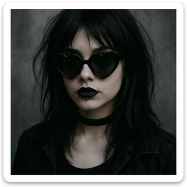 emo girl with heart-shaped sunglasses, dark hair, mysterious vibe sticker