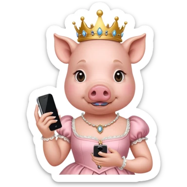 Pig princess in rococo finery holding a cell phone sticker