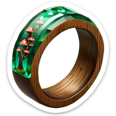 dark wood ring with epoxy resin in forest green pines and mushrooms crystal sticker