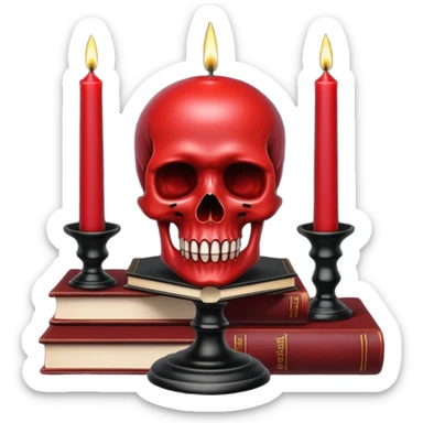 Dark Red candle on a black stand, books, skull, gothic style, beautiful aesthetic  sticker