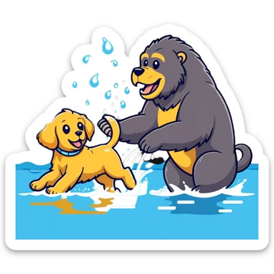 Golden retriever playing with a gorilla in water  sticker