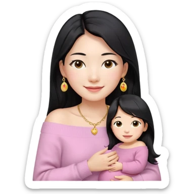 South Korean girl in her mid-thirties with long black hair and a middle part. She is wearing a baby pink, off the shoulder long sleeve knit sweater. She has small gold earrings and a gold necklace. She has brown eyes with narrow, mono lid shape and smiling with lips together sticker
