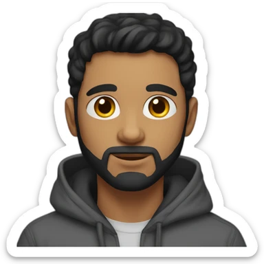 man with short beard hazel eyes and black hair wearing hoodie with cat on lap sticker