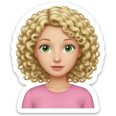 a woman in her late 40s and has greyish greenish eyes and blonde curly hair wearing a pink top sticker