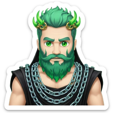 hades greek god with green flames and beard with chains on his arms and neck sticker