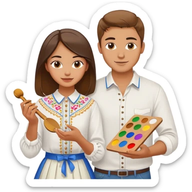 a guy in a white Ukrainian embroidered shirt and a girl in a white Ukrainian embroidered shirt, holding music and a paint palette sticker