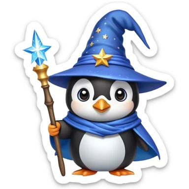 A cute penguin dressed as a wizard with a pointed blue hat with stars, holding a magical wand sticker