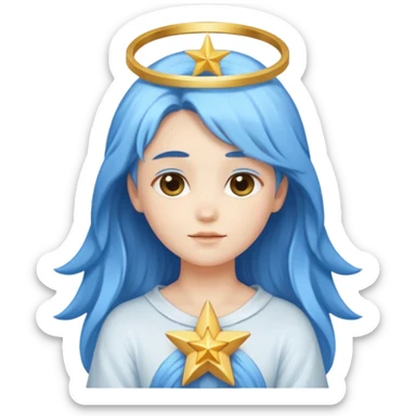 A soft-faced angel with flowing blue hair and glowing halo, holding a small star.






 sticker