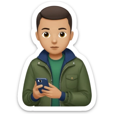 a tan boy with buzzcut and drak hair dark green jacket and navy blue bag looking at his phone sticker
