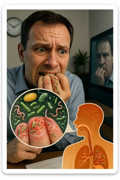 Anxious man at office desk unconsciously biting fingernails, microscopic overlay showing parasitic eggs and bacteria concentrated under nail beds, worms and microorganisms being consumed with each bite, expression of nervous habit unaware of contamination, computer screen reflecting his stress while he infects himself, fingertips raw and bleeding from chronic nail-biting, invisible parasite colonies entering his digestive system sticker