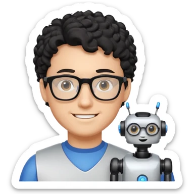 a boy robotics teacher, with black curly short hair, wearing glasses sticker